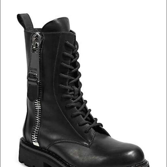 Moschino by Jeremy Scott Zip Detail Lace-up Black Leather Combat Boots - Picture 2 of 8